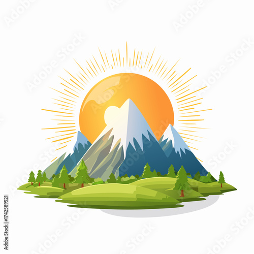 Stunning mountain range at sunrise, a vector landscape with vibrant sunbeams, perfect for travel, adventure, or nature themed projects, evoking peace and tranquility