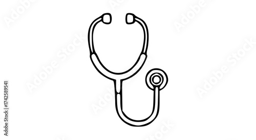 A simple black and white line drawing of a stethoscope, medical instrument.