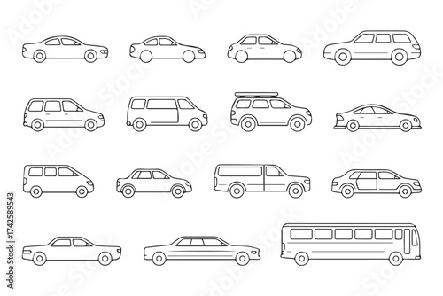 automotive side profile line art set sedans suvs vans pickups buses transport vector ai eps jpeg png