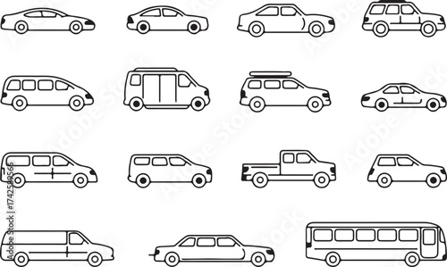 minimal vehicle icons side view collection sedan suv van truck bus outline vector pack
