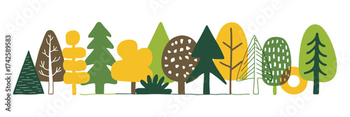 Fall Woodland Trees and Forest Plants in Horizontal Row. Scandinavian Simple Naive Style with Stylized Trunks and Crowns. Cute Doodle Flat Vector Illustration on White Background.