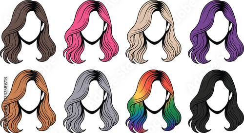 Hairstyle Illustrations Without Face In Different Colors Set On Transparent Background