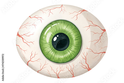 Watercolor illustration of a green eyeball isolated on transparent background. Cute yet spooky Halloween element ideal for party decorations, stickers, posters, cards, or digital art. The hand-painted