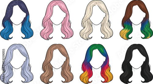 Various Wavy Hairstyle Illustrations No Face In Different Colors Set On Transparent