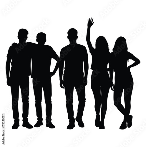 Diverse group of five friends standing together in silhouette isolated on white background