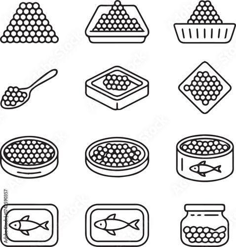 premium caviar line icons 12 black and white vector symbols for food packaging branding culinary illustrations