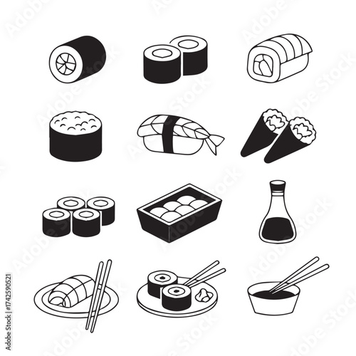 japanese sushi icon collection editable vector ai eps 12 black and white maki nigiri sashimi set
