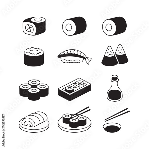 black and white sushi icons for branding menus packaging vector illustrations maki nigiri sashimi