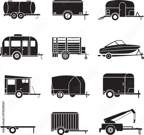 12 minimal trailer silhouettes cargo camper boat livestock flatbed tow vector ai eps