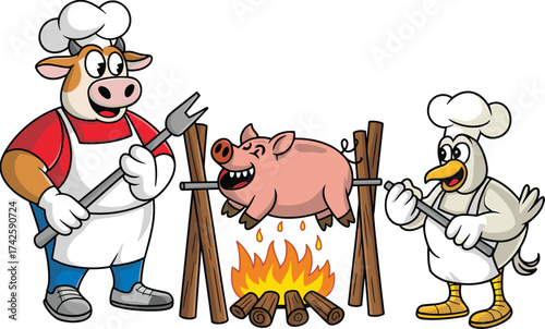 Funny cartoon farm animals cooking barbecue, pig and chicken chefs with smiling pig roast, farm fresh BBQ illustration, humorous food art