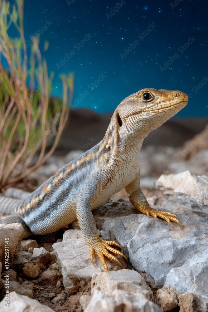Fototapeta premium Desert lizard standing on rocks under starry night sky
