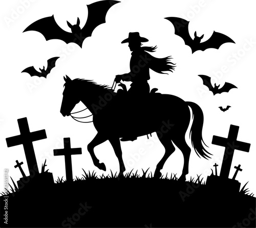 Silhouette of a Cowgirl on Horseback Galloping Through a Spooky Cemetery with Flying Bats