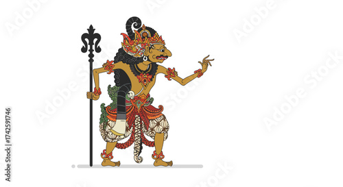 Wayang Kulit Character: Indonesian Shadow Puppet with Ornate Headdress and Staff.