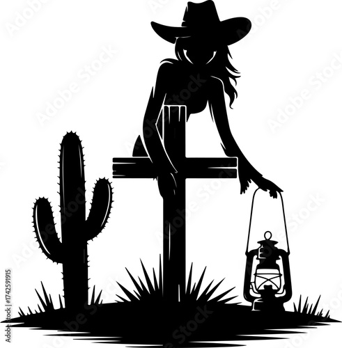 Silhouette of a cowgirl with a lantern and a cactus in the desert landscape