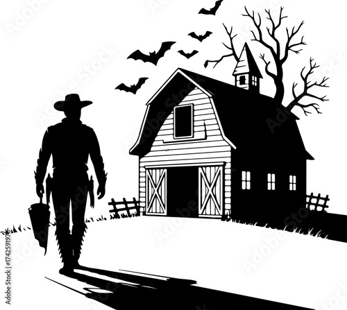 Silhouette of a cowboy walking towards a haunted barn under a bat-filled sky