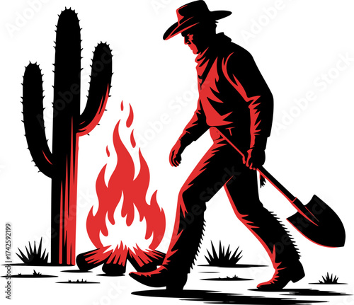 Western Cowboy by Campfire with Cactus and Shovel, Illustrative Silhouette