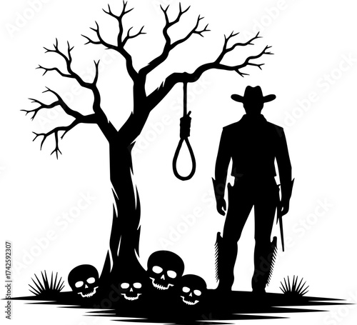 Western Scene with Cowboy, Tree, and Skulls Illustrating Dark Themes
