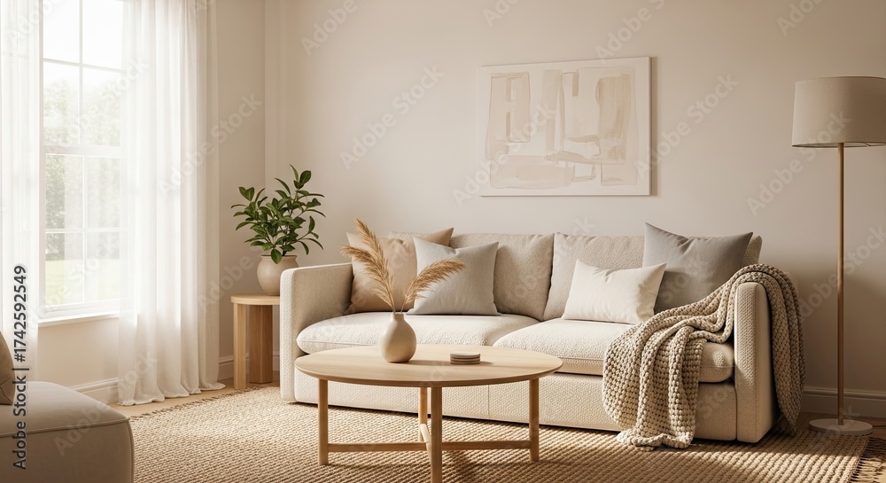 Fototapeta premium Cozy Neutral Living Room With Natural Textures And Warm Lighting