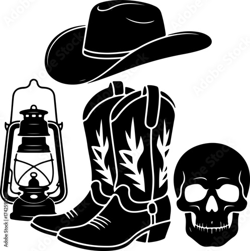 Cowboy Silhouette Icons Western Hat, Boots, Lantern, and Skull for Vintage Designs