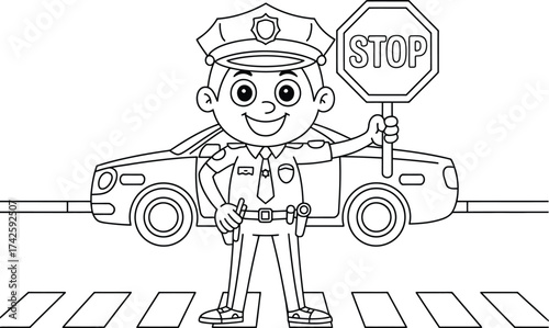 Cartoon police officer directing traffic with stop sign