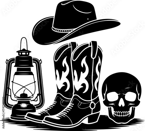 Cowboy Hat Boots Lantern Skull Western Silhouette Vector Illustration