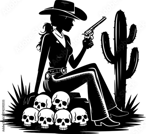 Cowgirl Silhouette Holding Pistol Among Skulls with Desert Cactus