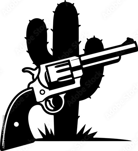 Silhouette Of A Revolver And Saguaro Cactus With Grass, Western Themed