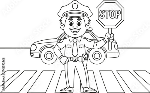 Cartoon police officer directing traffic with stop sign at crosswalk