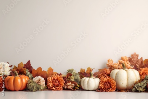 Autumn composition. Various pumpkins, fall flowers on white background. Halloween backdrop copy space. Nordic, hygge, cozy home concept. Thanksgiving Aesthetic decoration. Modern Invitation Mock up Ad