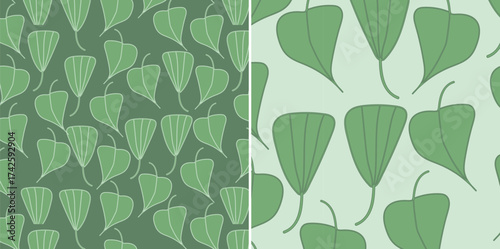 Seamless minimalist abstract botanical leaf-bunch pattern in tonal green variations