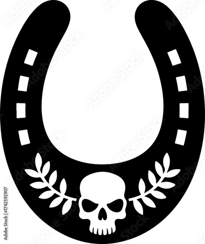 Black horseshoe emblem with skull and laurel wreath, representing luck and mortality
