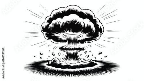 Black and white vector illustration of a nuclear explosion cloud iconic scalable graphic for design vector