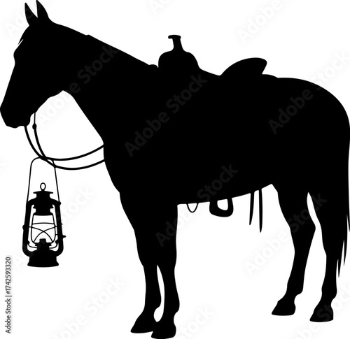 Silhouette of a saddled horse with a lantern hanging from its bridle