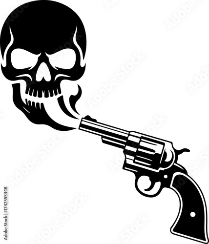 Black and white illustration of a pistol firing a skull with smoke