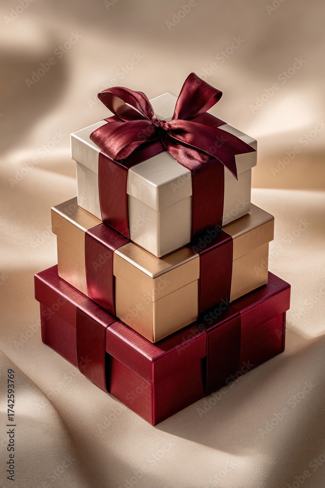 Obraz premium Elegant Trio of Gift Boxes in Cream, Champagne, and Ruby on Beige Background