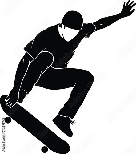 Silhouette of a skateboarder in mid-air. Vector graphic of a skater performing a jump trick. Urban extreme sports icon.