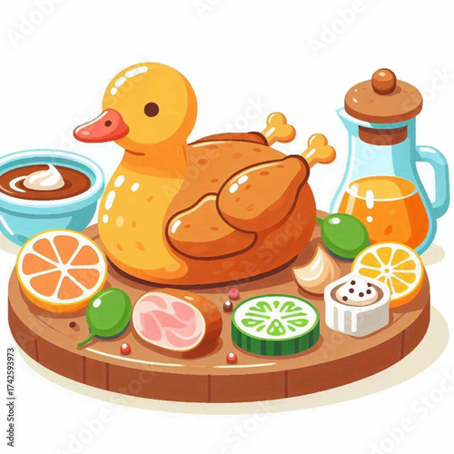 Cartoon duck roasted on a cutting board with dipping sauce oil citrus olive garlic ham cucumber and a square condiment