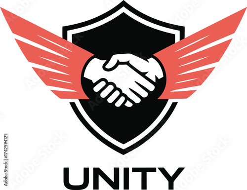 United partnership shield with wings and unity text symbolizing trust and success