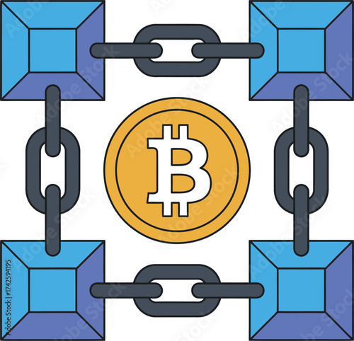 Abstract bitcoin blockchain network with blue cubes connected by chains