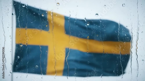 Swedish Flag in the Rain: A vibrant Swedish flag, a symbol of national pride and heritage, billows gently in the wind during a rain shower, the droplets clinging to the window.