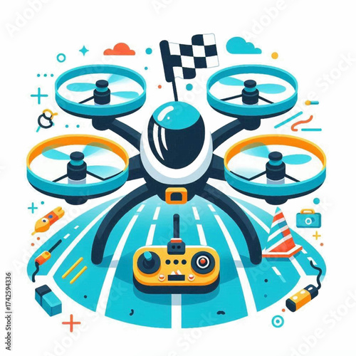 Drone on race track with controller and flag stylized bright