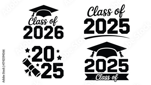 Class of 2025 and 2026 graduation caps and diplomas vector graphics set eps scalable vector