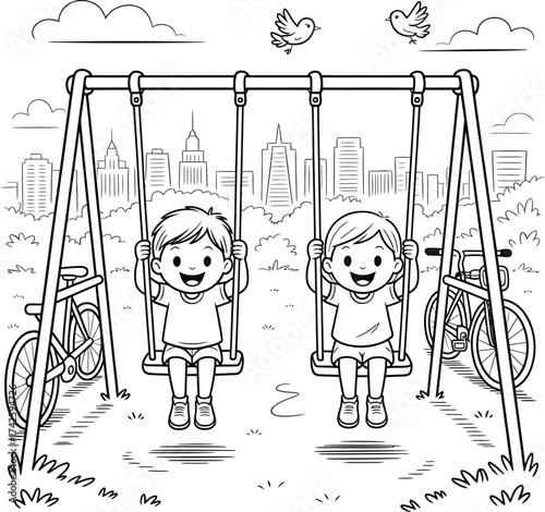 Two happy girls swinging on a playground in a line drawing