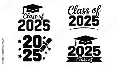 Set of four black and white graduation 2025 vector graphics for celebration and achievement vector