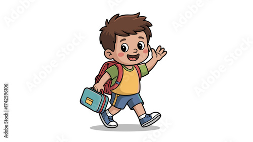 Cheerful young boy happily walking to school with backpack and lunchbox, ready for a fun day of learning and friendship, back to school