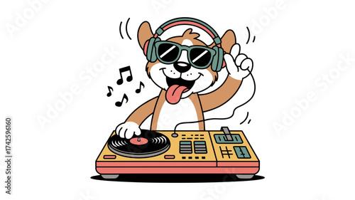 Funky dog DJ spinning tunes with retro turntable and sunglasses, perfect for music events and party promotions with a cool, playful vibe