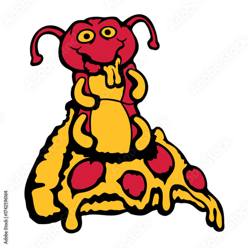 Caterpillar eats pizza salami hole funny hungry
