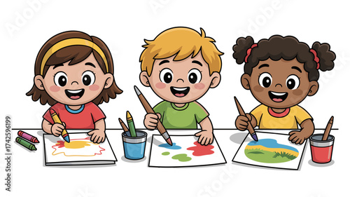 Cheerful children joyfully painting colorful artwork, fostering creativity and learning in a fun classroom environment, back to school art projects