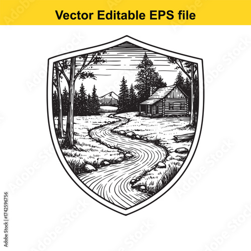 Vector art of sketch of a winding river leading to a cabin in a forest landscape