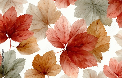 Vibrant autumn leaves in shades of red, orange, and green create a beautiful natural pattern, showcasing the rich textures and colors of fall foliage in a seamless design